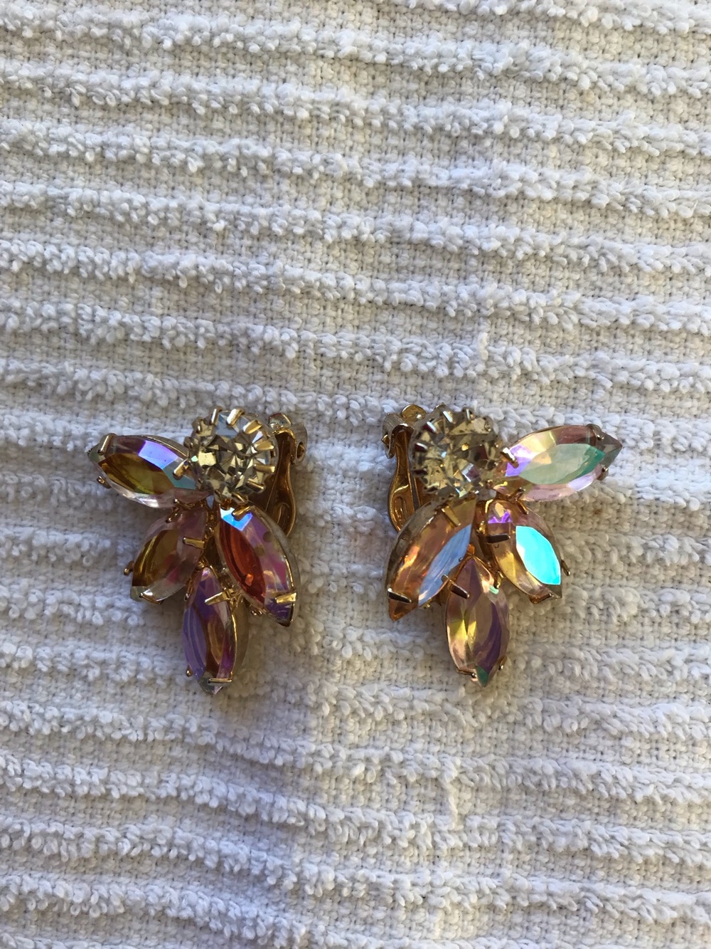 Vintage Gold-Tone Iridescent Marquise Crystal Clip-On Earrings - Women Jewelry